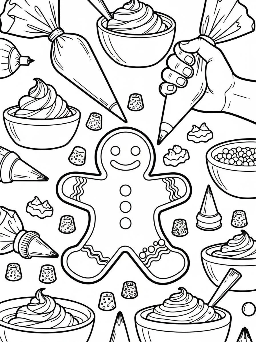 Coloriage bonhomme en pain d'épice (biscuit) décorant des bonbons