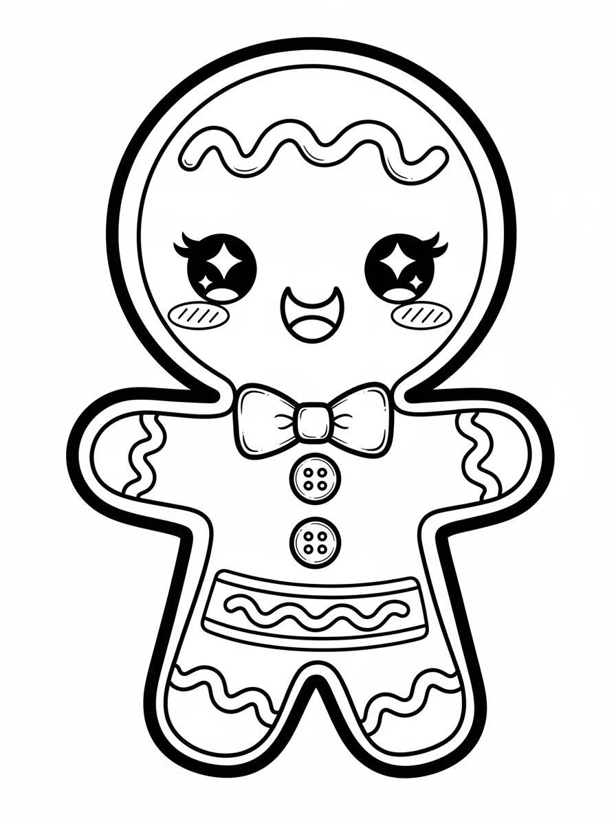 Desenho de Homem de Gengibre (Biscoito) Kawaii com Olhos Brilhantes para Colorir