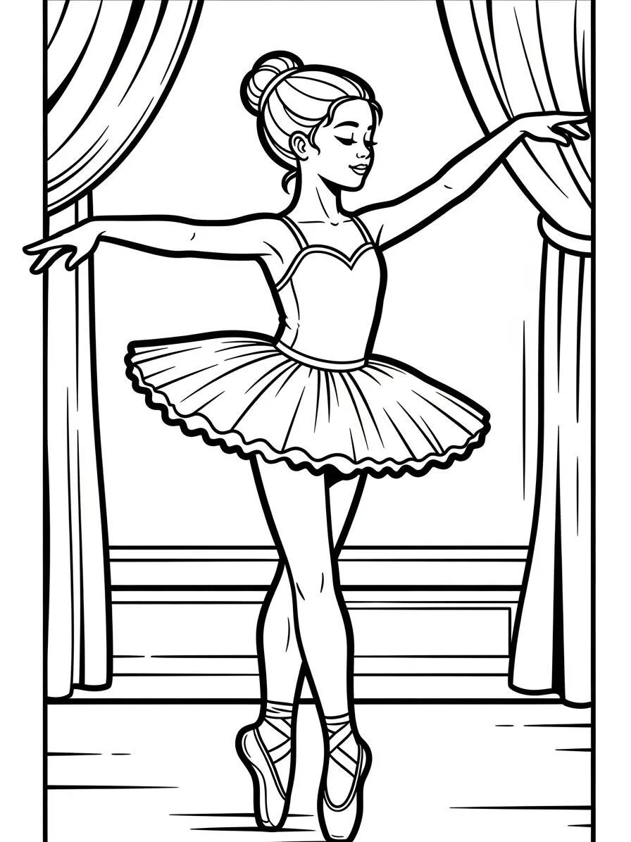 Página para colorear de bailarina de ballet en posición de equilibrio