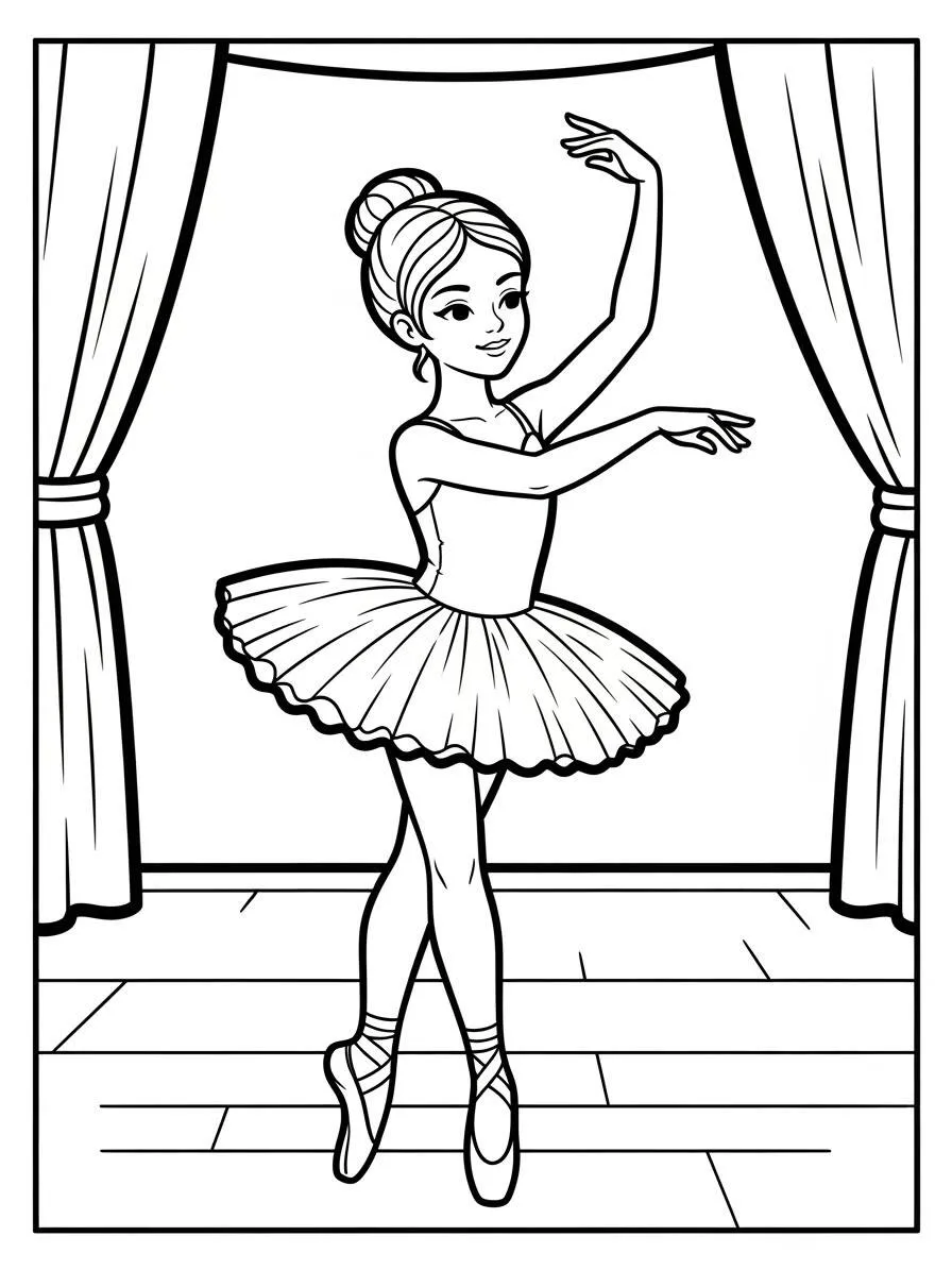 Dibujo de bailarina de ballet en escena con tutú para colorear