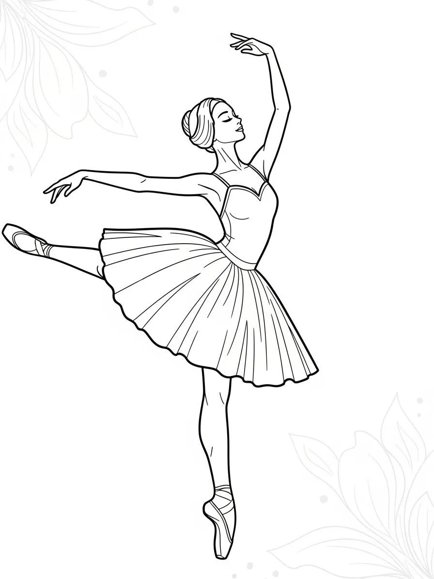 Dibujo para colorear de bailarina de ballet en posición de equilibrio