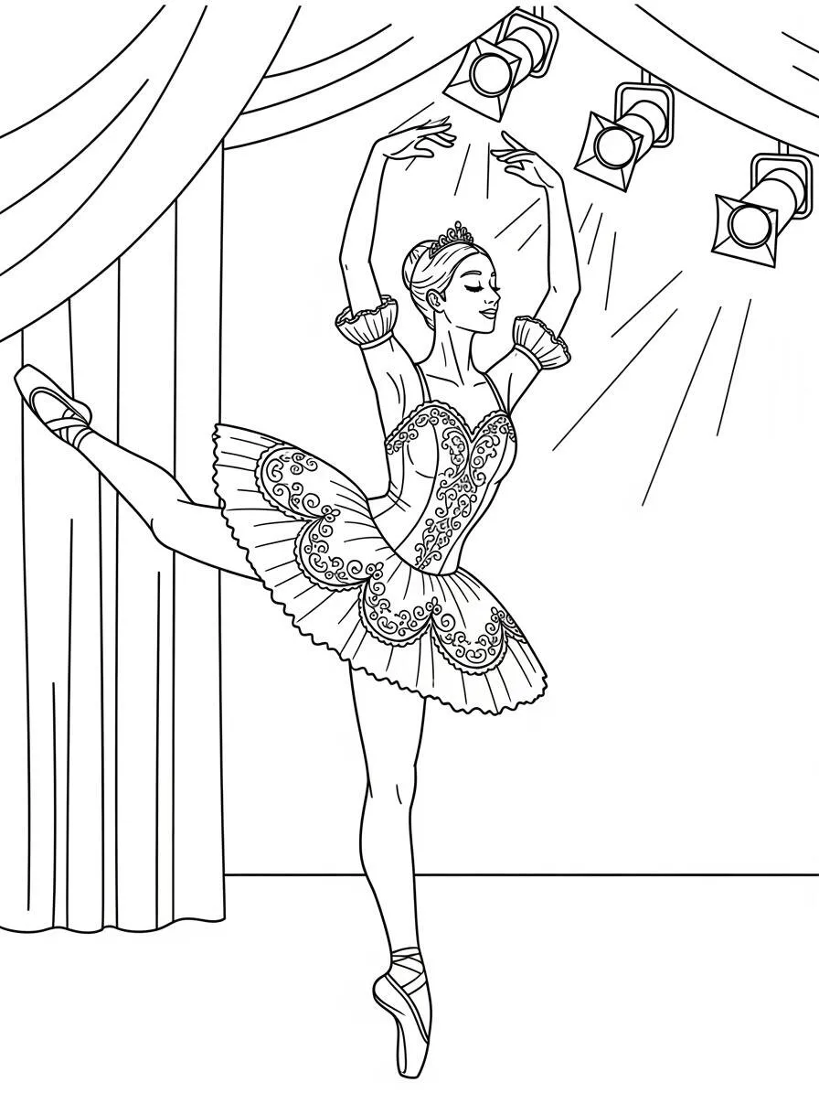 Dibujo para colorear de bailarina de ballet en escena con luces