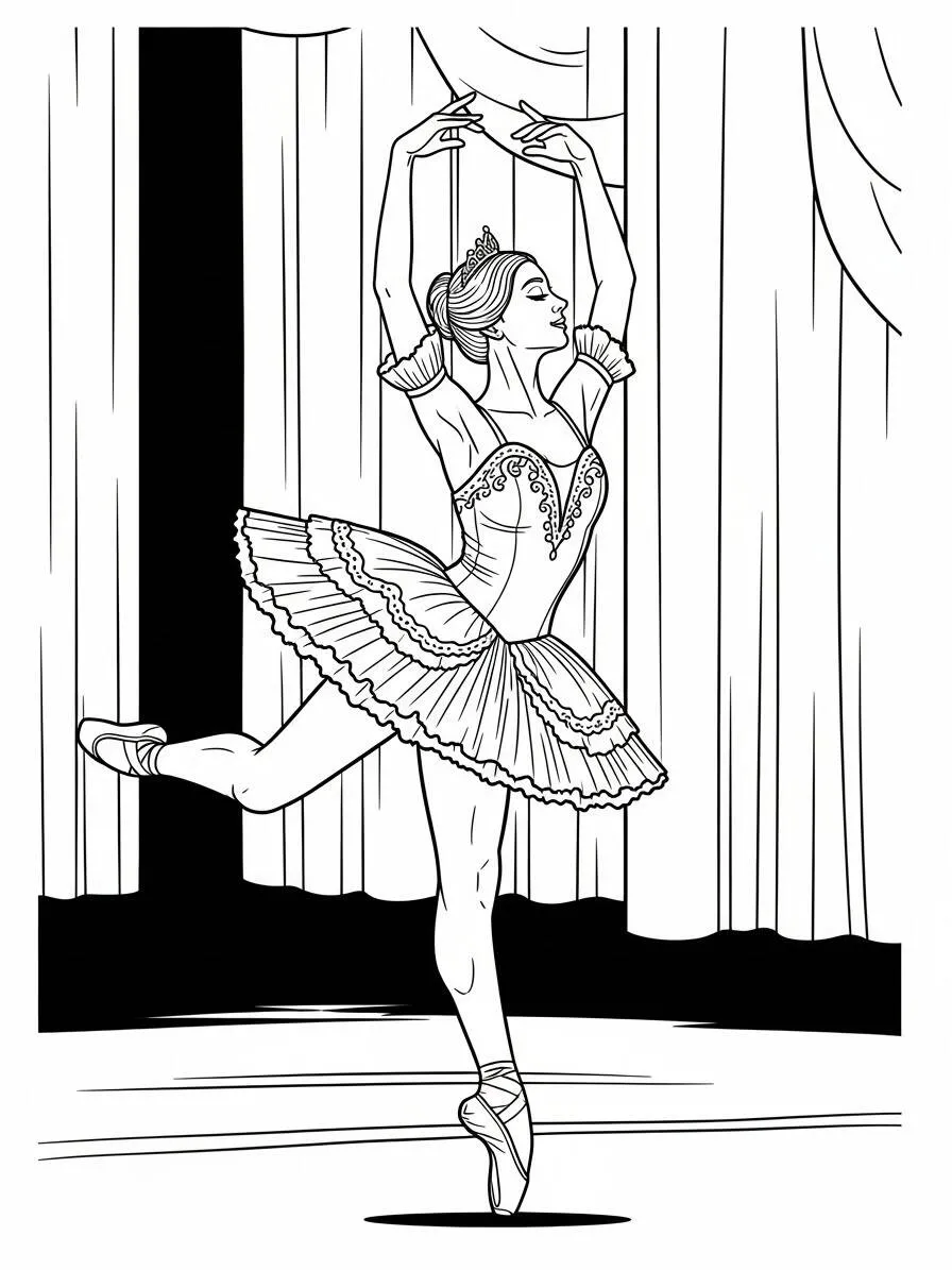 Dibujo para colorear de bailarina de ballet en posición de equilibrio