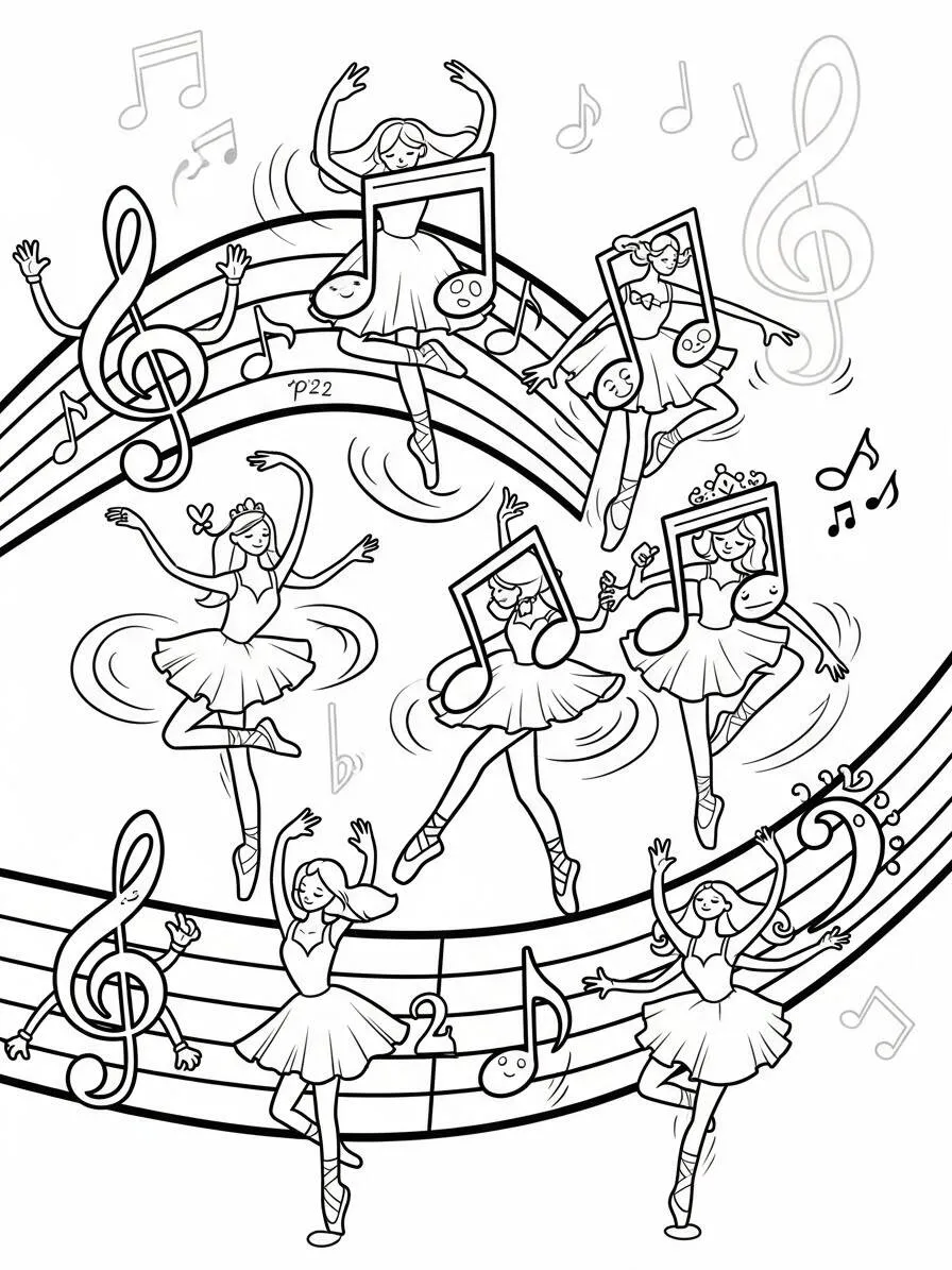 Dibujo de Ballet con bailarinas bailando sobre notas musicales para colorear