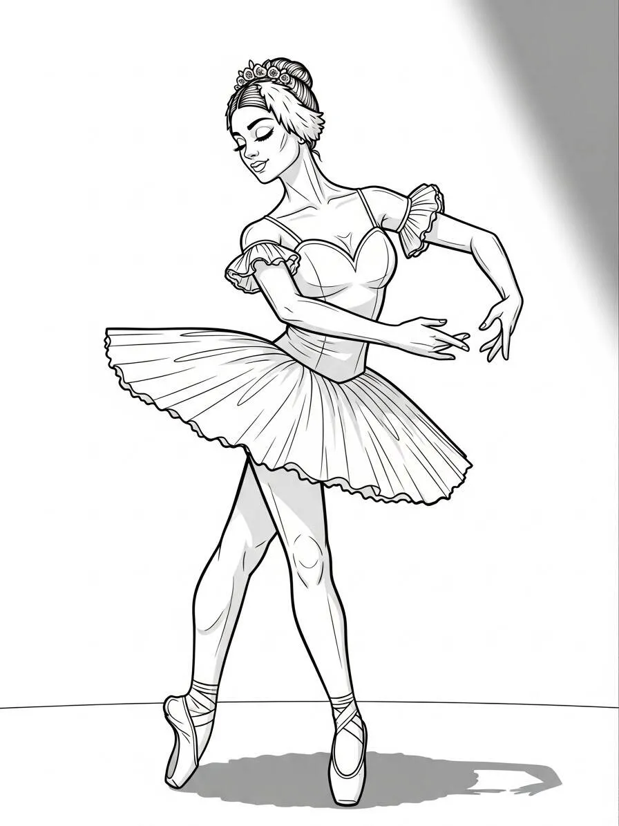 Dibujo para colorear de elegante bailarina de ballet en posición de danza