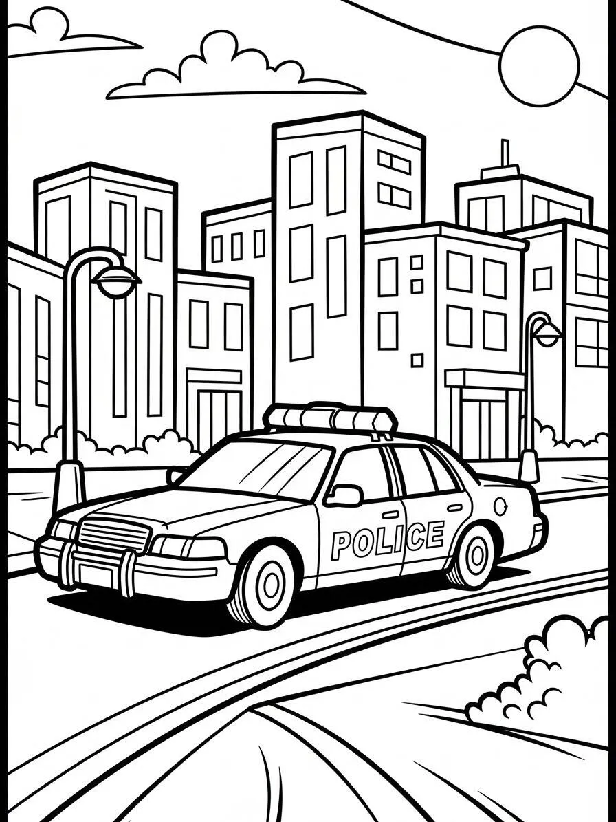 Desenho de Carro da Polícia em uma Rua da Cidade para Colorir