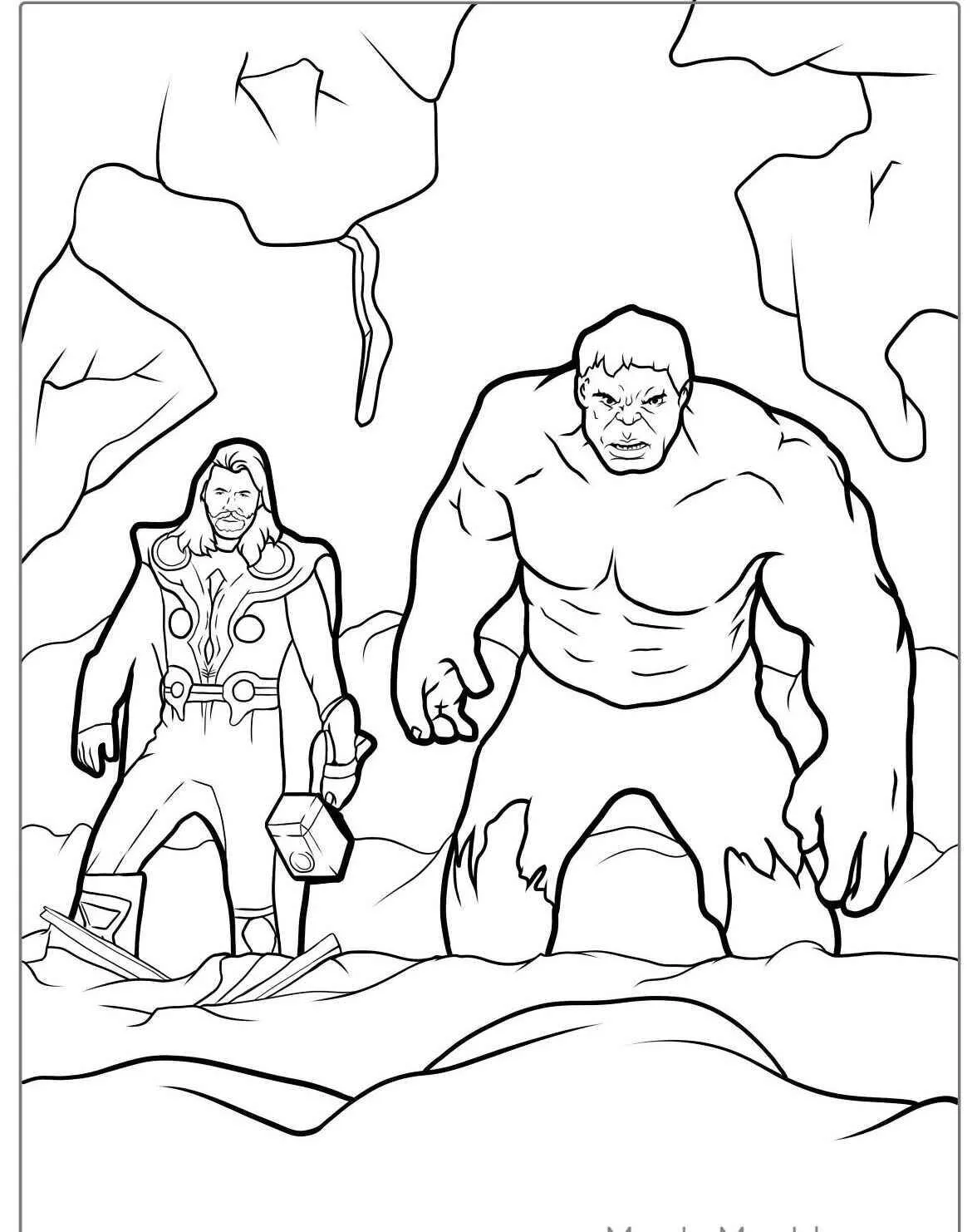 Desenho do Hulk e Thor em Ação para Colorir