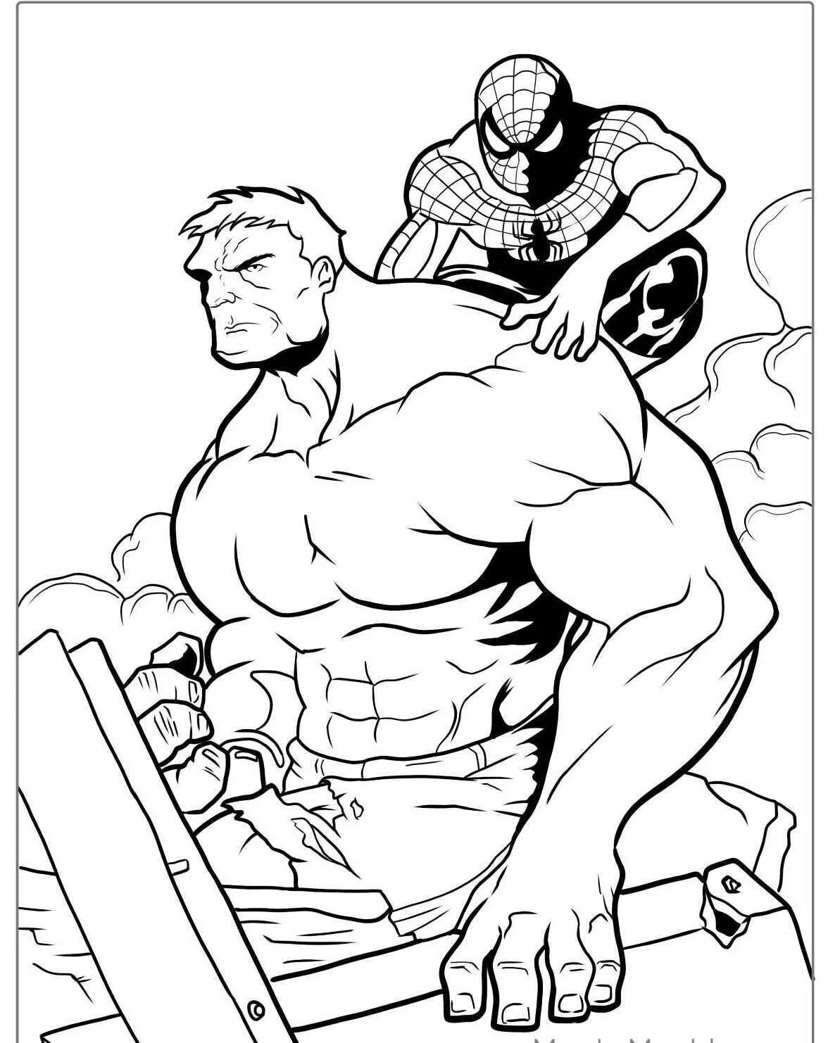 Desenho do Hulk com o Homem Aranha nas Costas para Colorir