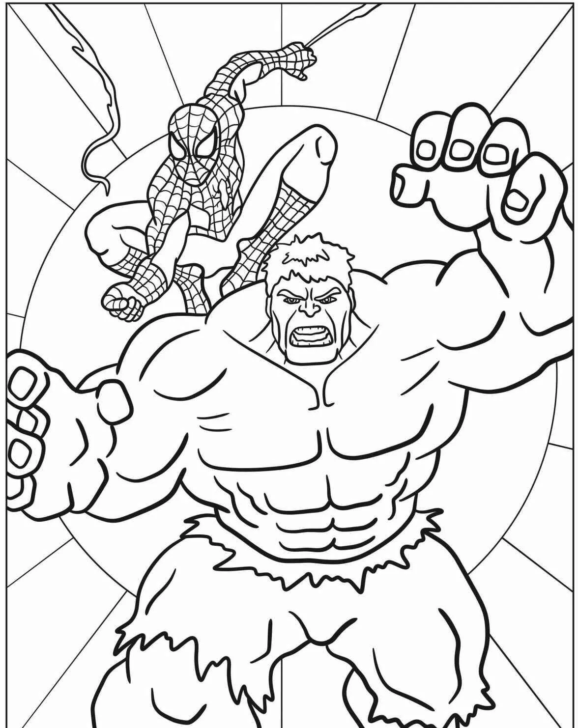Desenho de Hulk e Homem Aranha em Ação para Colorir