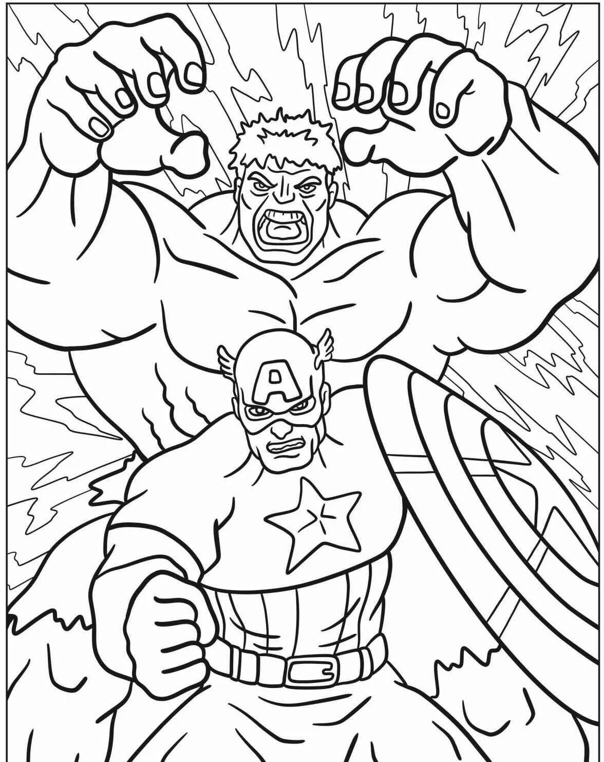 Desenho do Hulk e Capitão América em Ação para Colorir