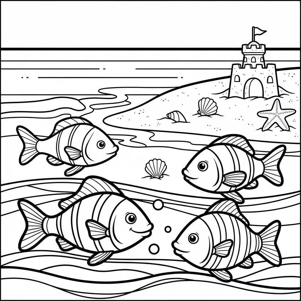 Dibujo para colorear de peces jugando con castillos de arena