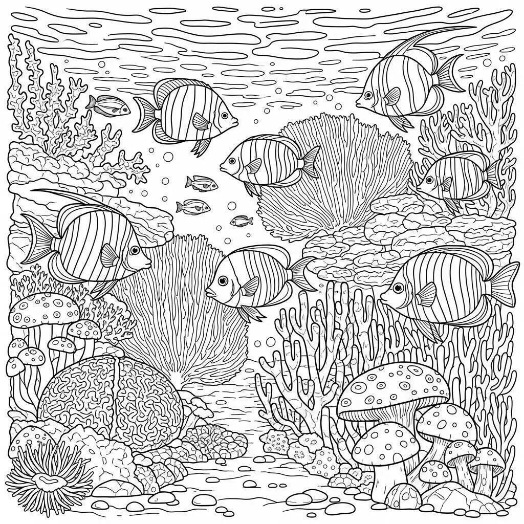 Piezas coloridas en un arrecife de coral Dibujo para colorear