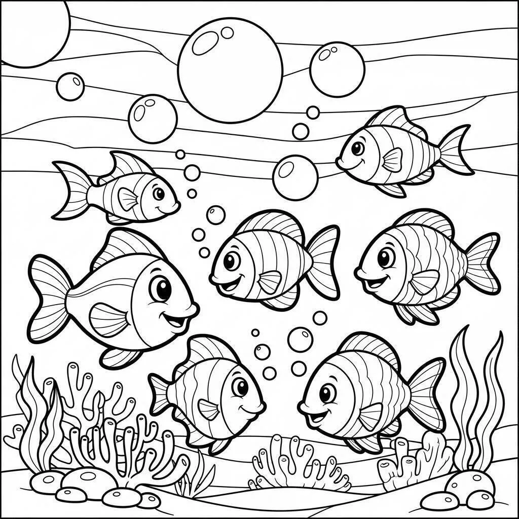 Dibujo de pez feliz con burbujas para colorear