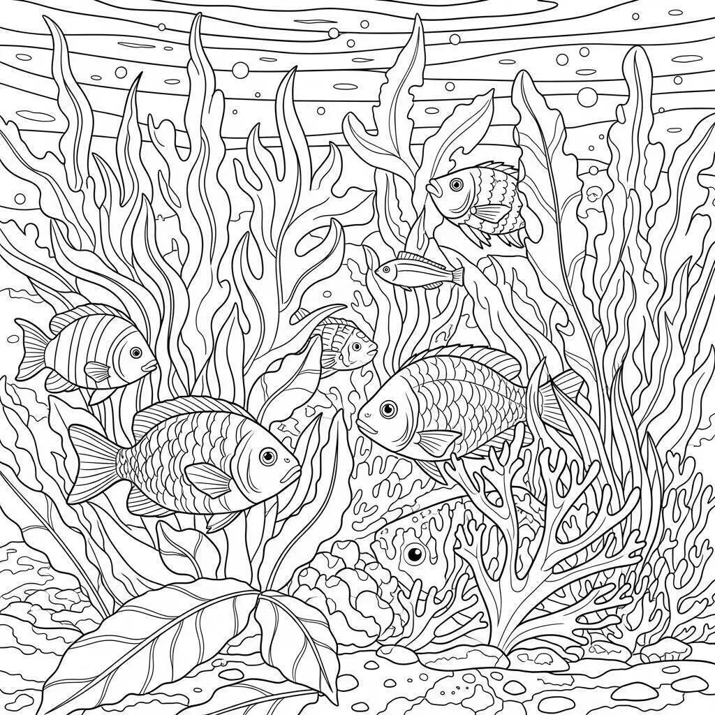 Peces De Colores Entre Algas Dibujo para colorear