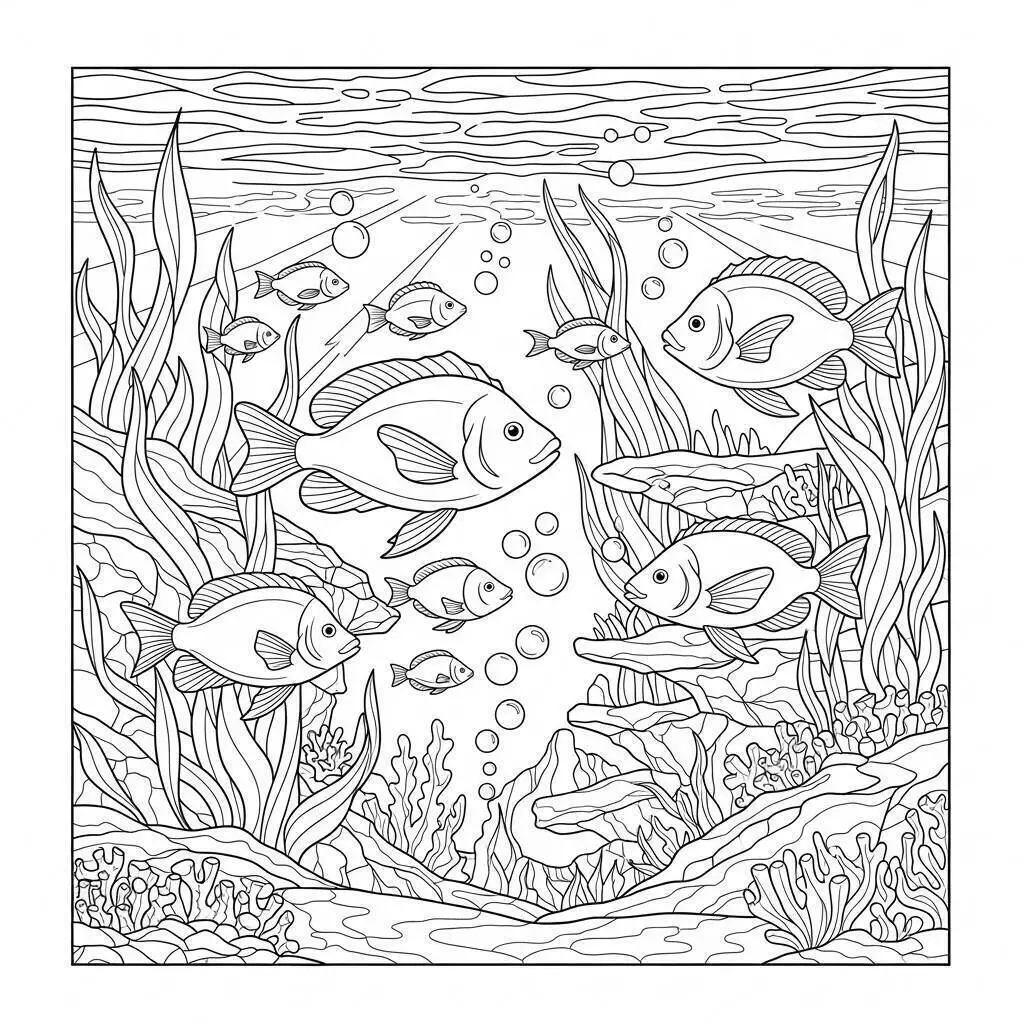 Peces en un arrecife de coral Dibujo para colorear