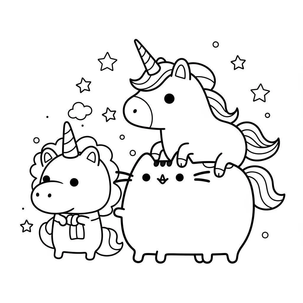 Coloriage Pusheen avec des licornes