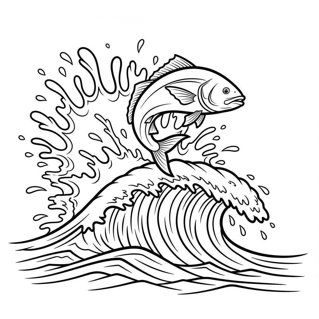 Pez saltando sobre una ola Dibujo para colorear