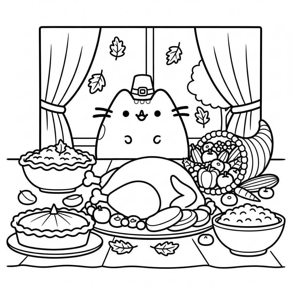 Página para colorear de pusheen con la cena de Acción de Gracias
