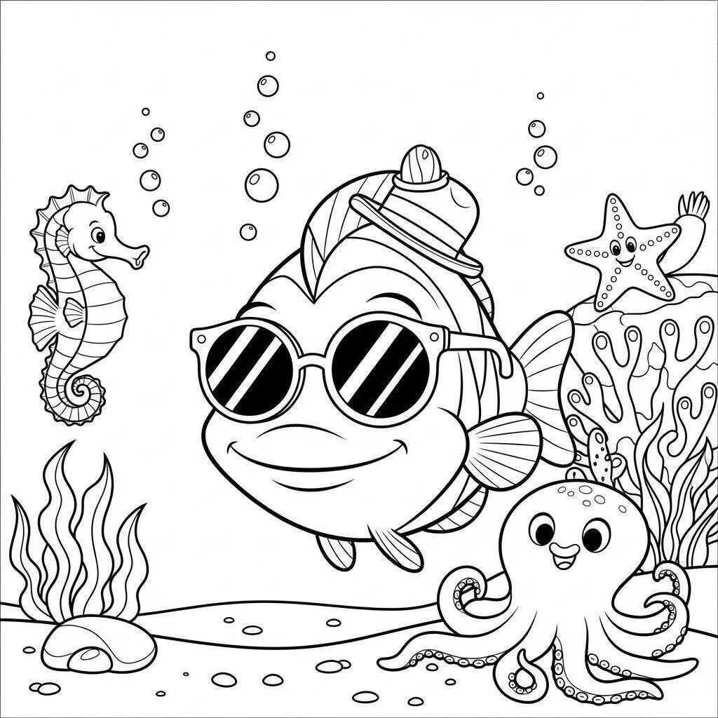 Coloriage Poisson cool avec des lunettes de soleil et une poulepe sympathique