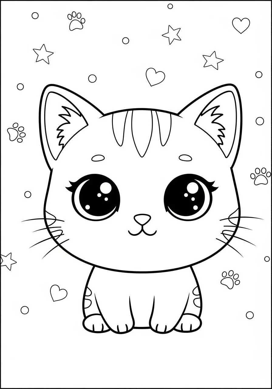 Desenho Kawaii de Gatinho Fofo com Olhos Brilhantes para Colorir