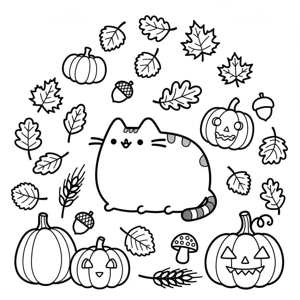 Página para colorear de pusheen con calabazas y hojas