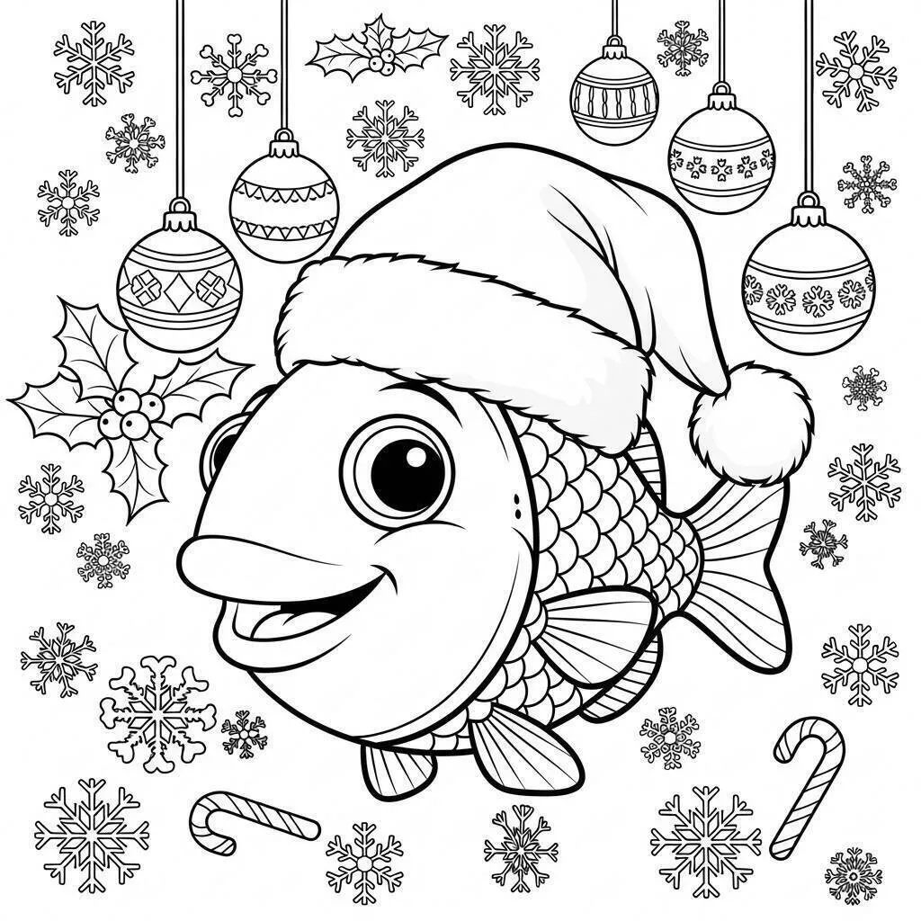Coloriage Poisson de Noël avec chapeau