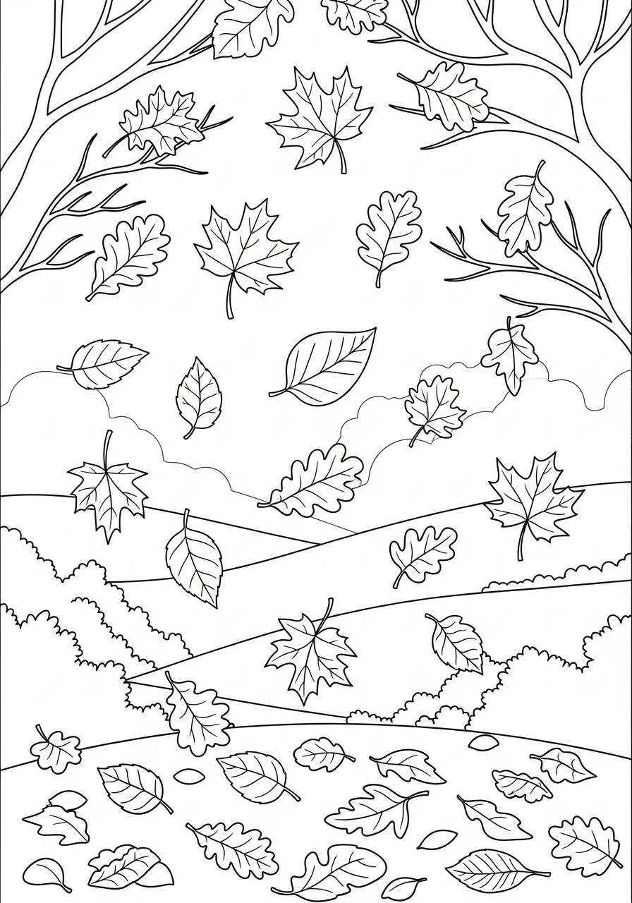 Autumn Drawing with Falling Leaves and Landscape to Color