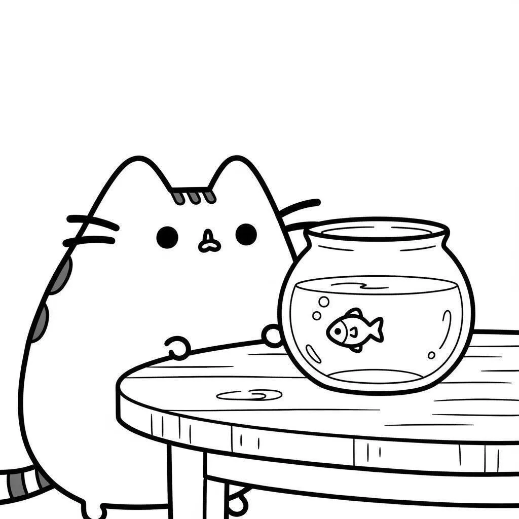 pusheen mirando el pez para colorear