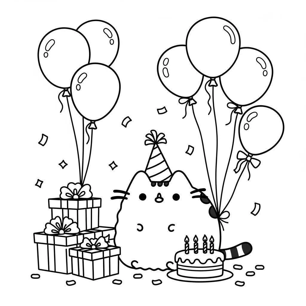 Página para colorear de pusheen en la fiesta de cumpleaños
