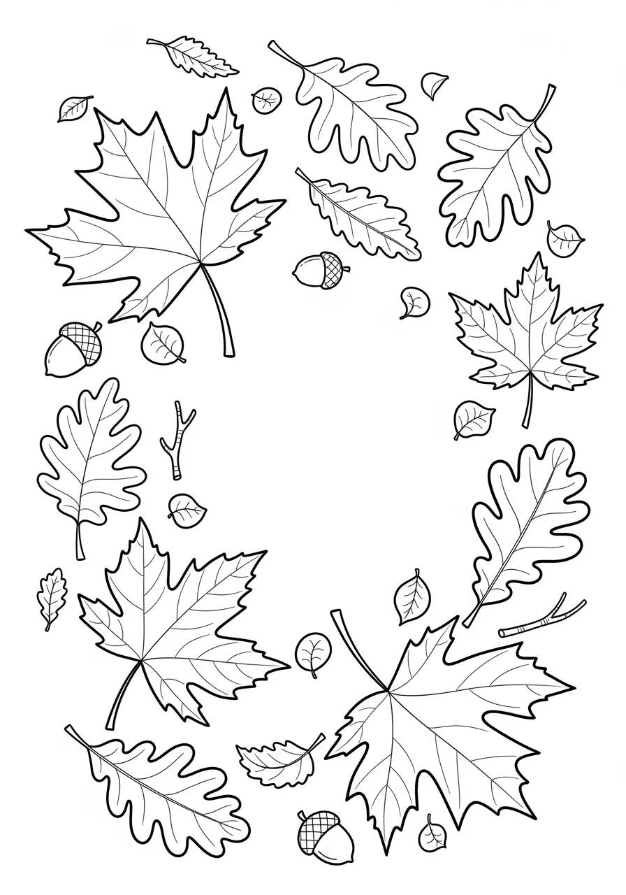 Autumn Drawing with Falling Leaves and Acorns to Color