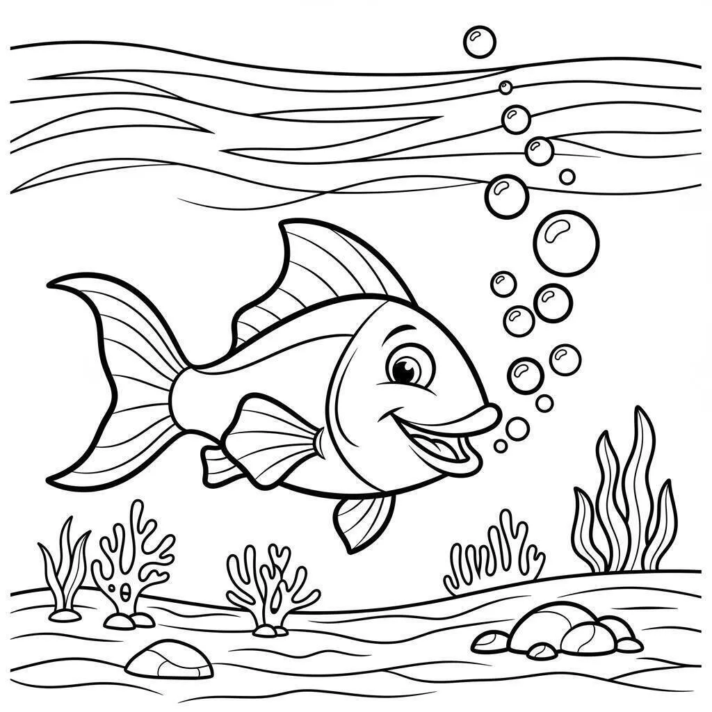 Dibujo de pez feliz con burbujas para colorear