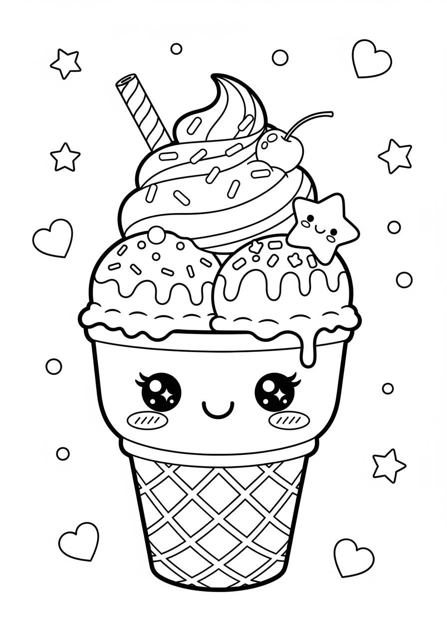 Desenho Kawaii de Sorvete Fofo para Colorir