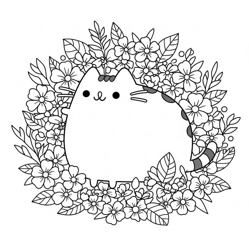 Página para colorear de pusheen en un jardín de flores