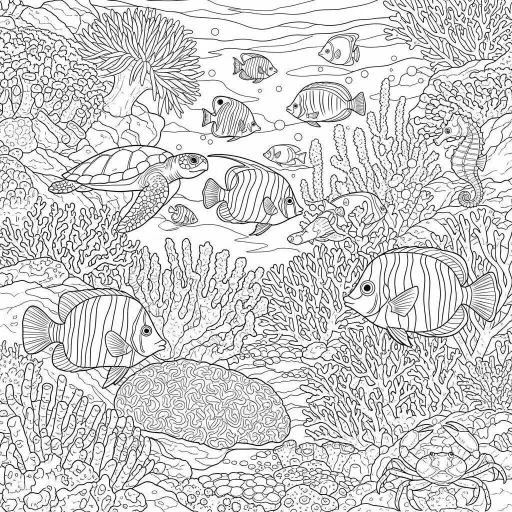 Peces De Colores Entre Corales Dibujo para colorear