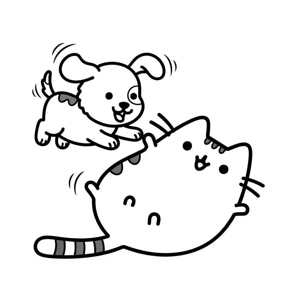 pusheen jugando con un cachorro para colorear