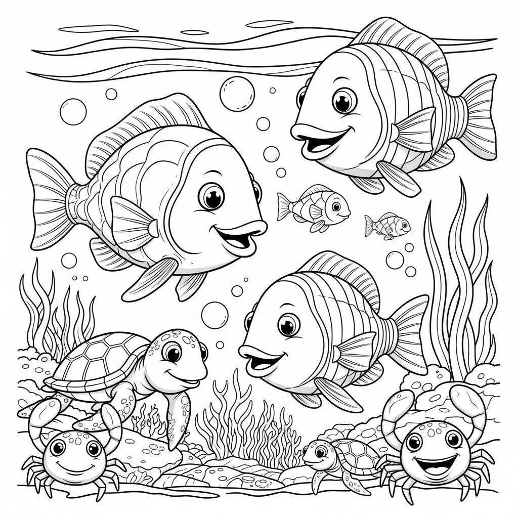 Dibujo de Pez Feliz con Tortugas y Cangrejos para colorear