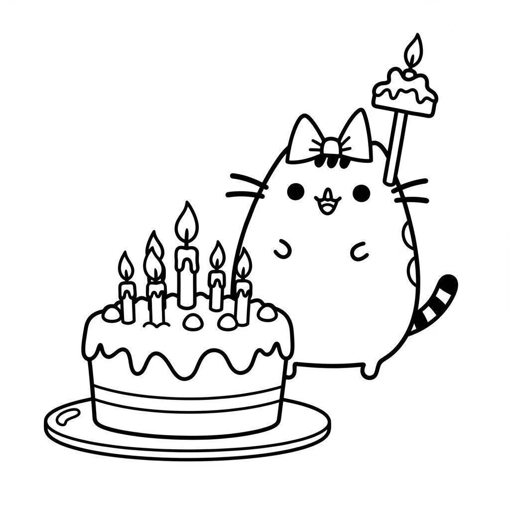Página para colorear de pusheen celebrando su cumpleaños con pastel