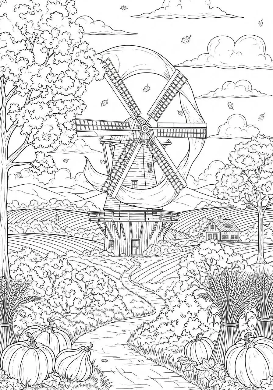 Desenho de Outono com Moinho de Vento e Abóboras para Colorir