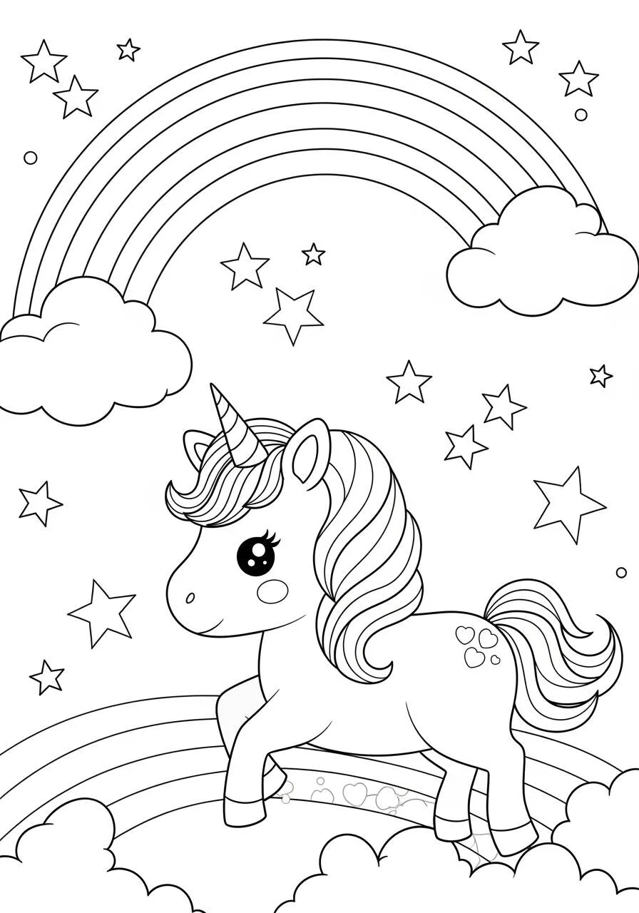 Desenho Kawaii de Unicórnio com Arco Íris e Estrelas para Colorir