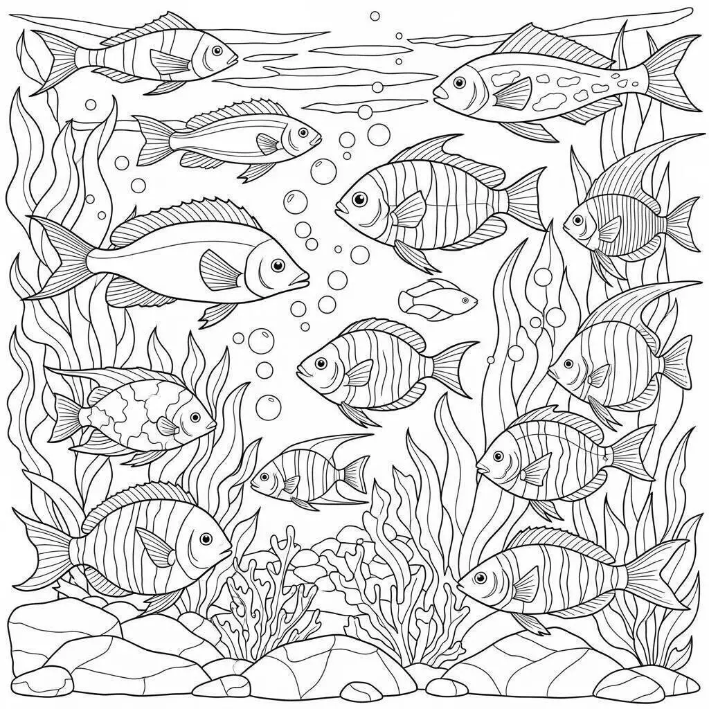 Peces de colores en un arrecife para colorear