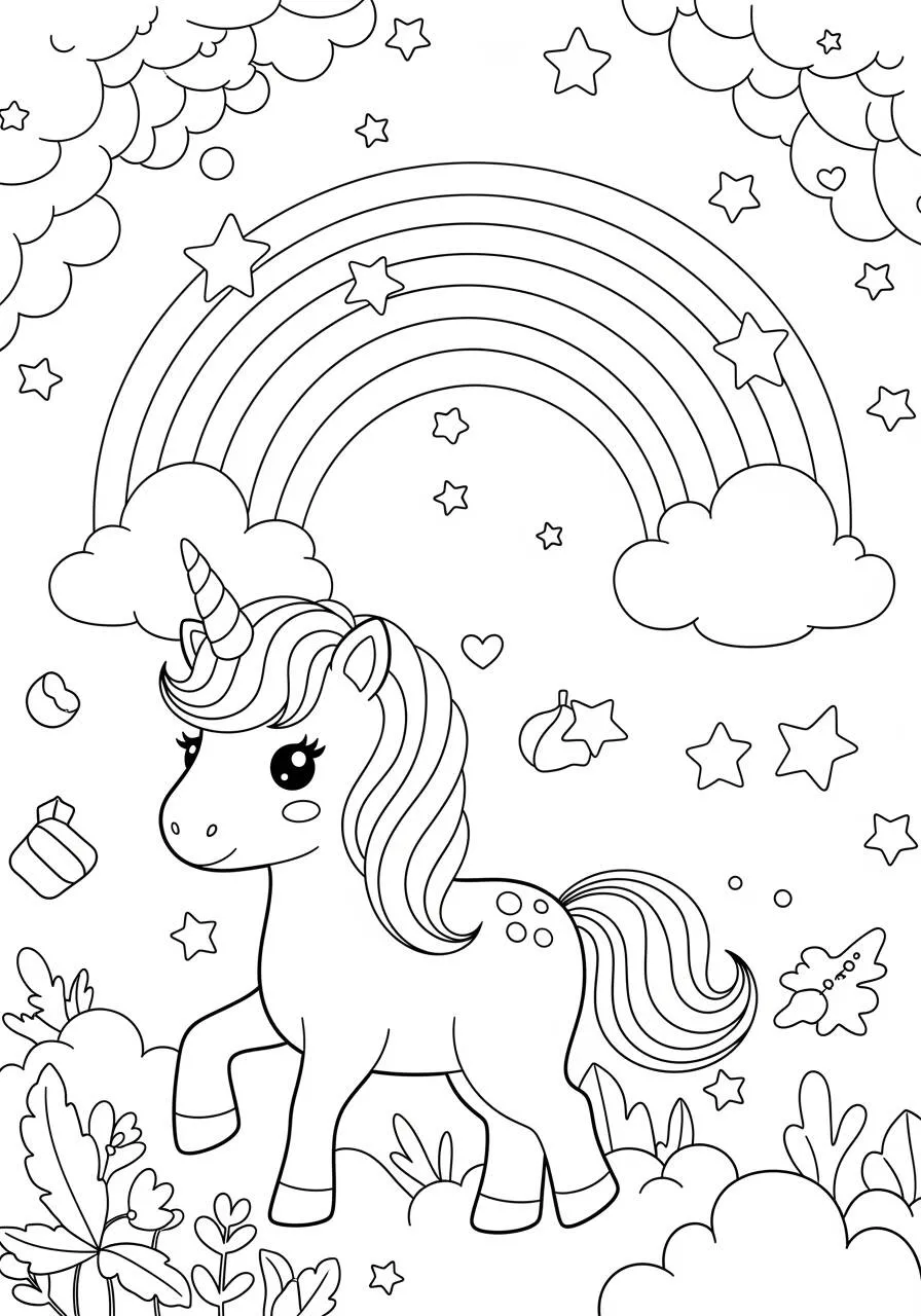Desenho Kawaii de Unicórnio com Arco Íris e Estrelas para Colorir