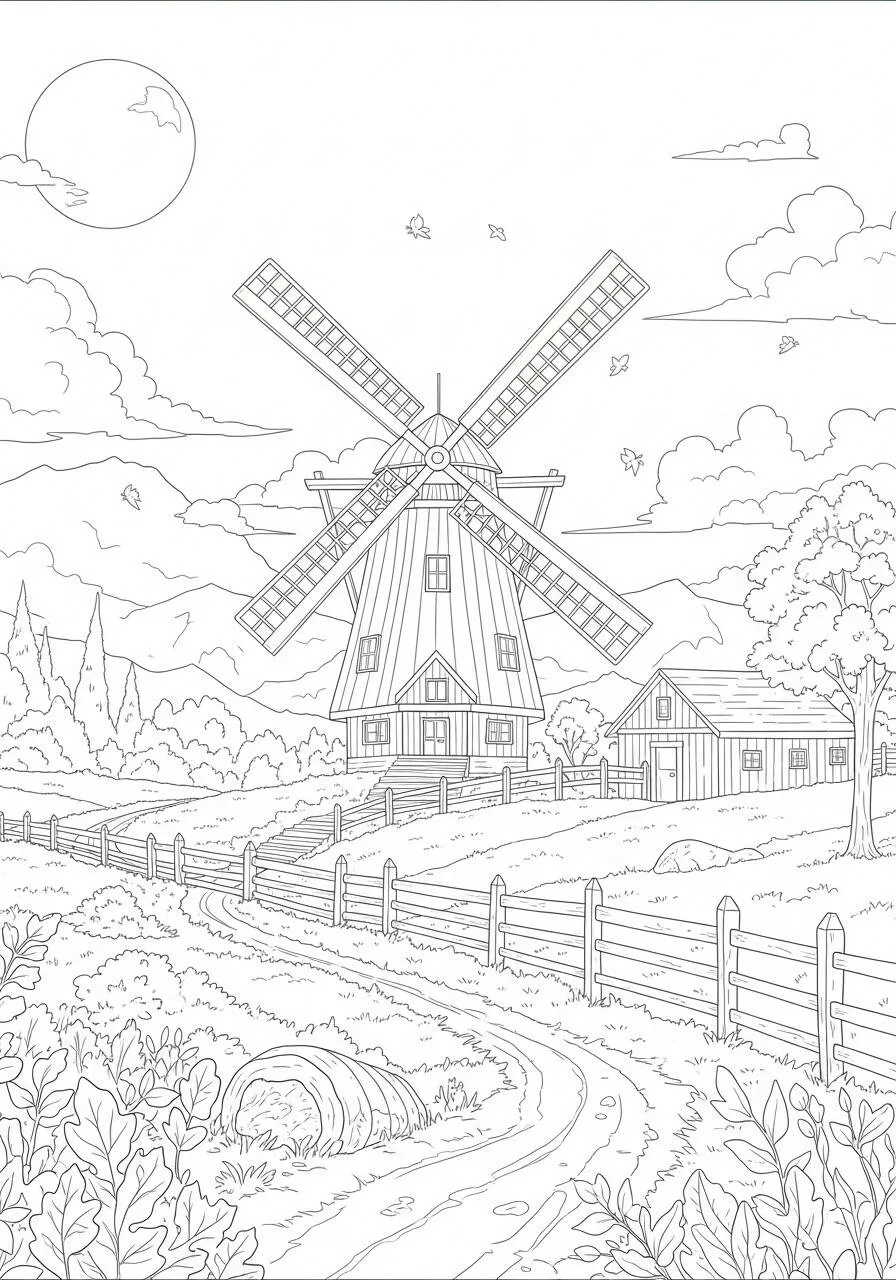 Desenho de Outono com Moinho e Paisagem Rústica para Colorir
