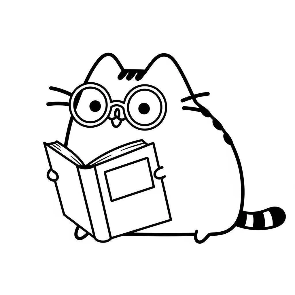 pusheen leyendo un libro para colorear