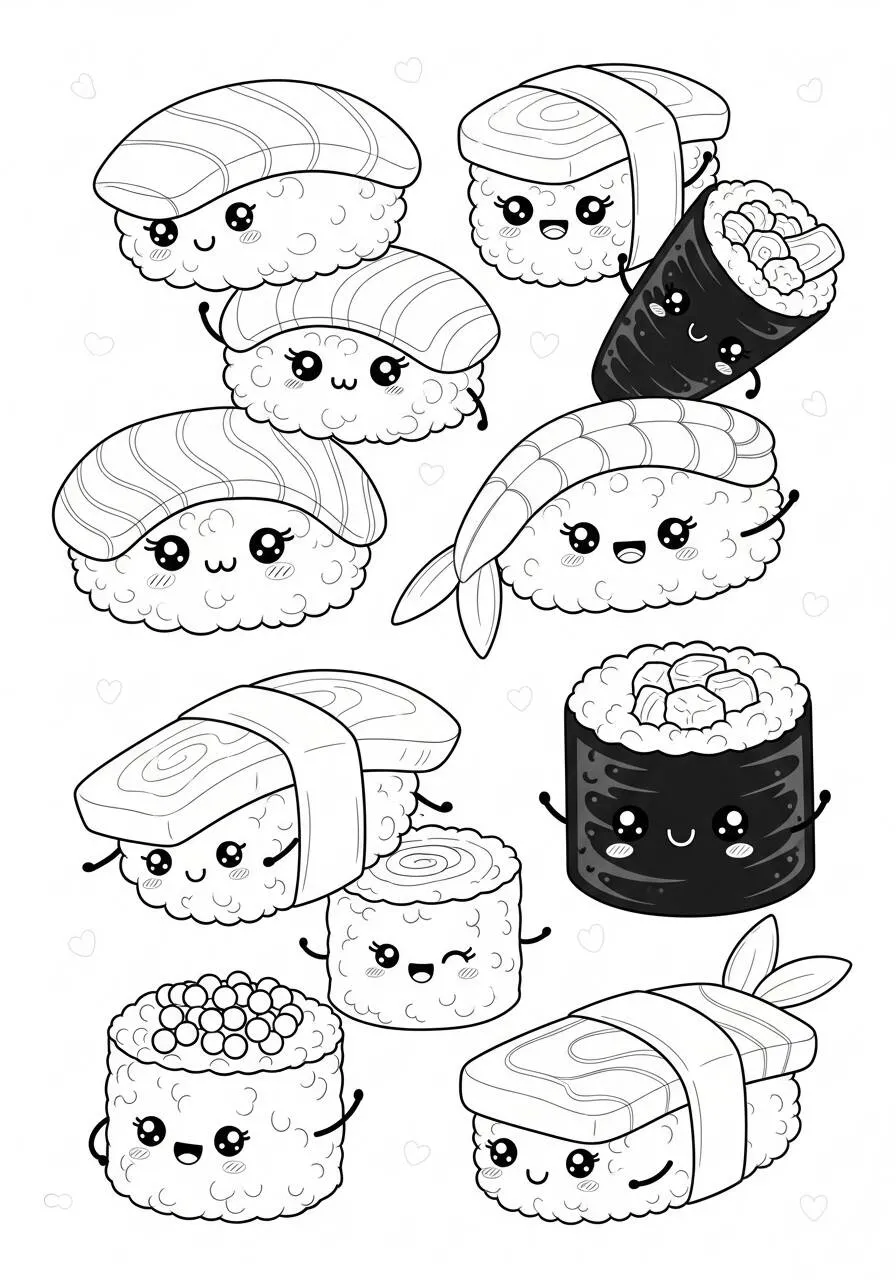 Desenho Kawaii de Sushi Fofo para Colorir