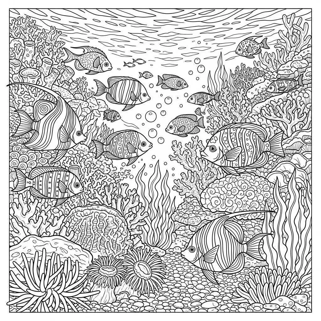 Peces de colores en un arrecife de coral Dibujo para colorear