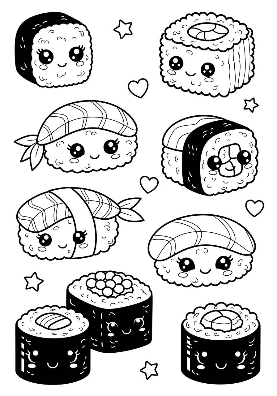 Desenho Kawaii de Sushi Fofo para Colorir