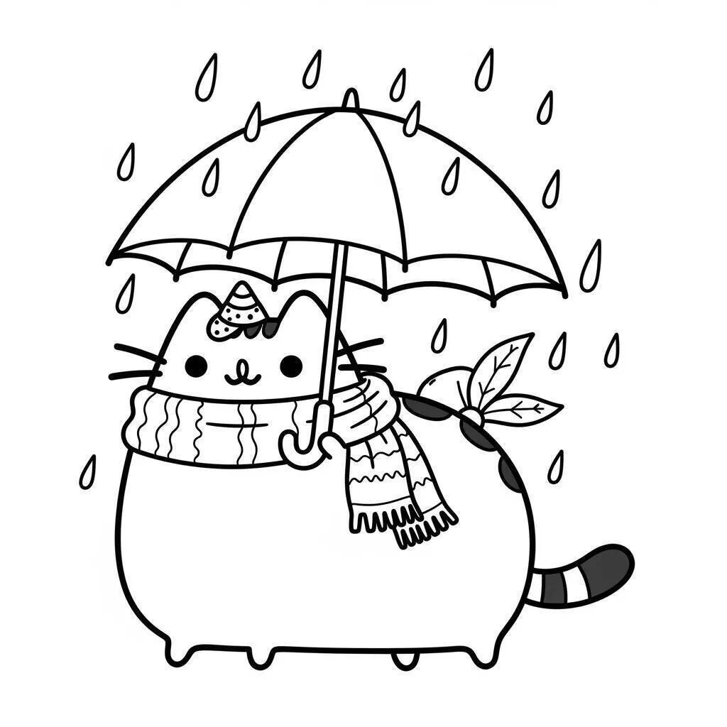 pusheen con paraguas bajo la lluvia para colorear