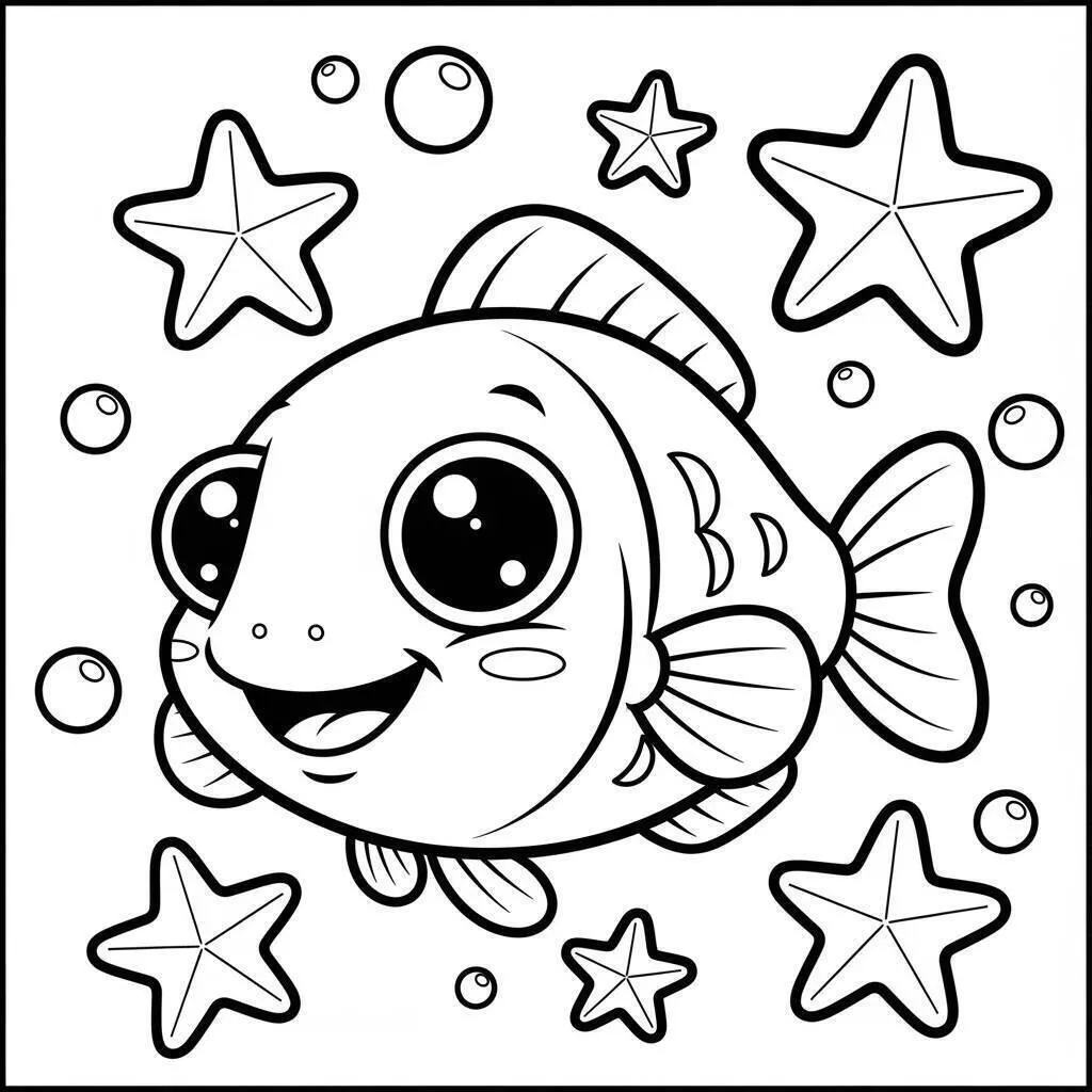 Dibujo para colorear de pez sonriente con estrella de mar