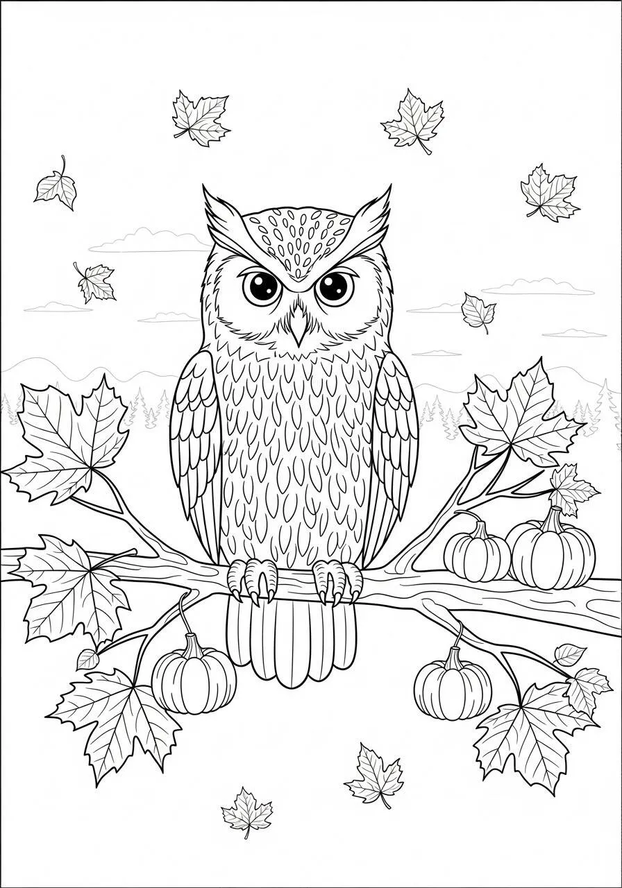 Desenho de Outono com Coruja e Abóboras para Colorir