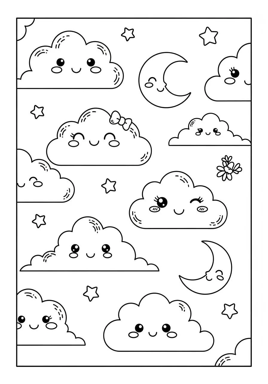 Desenho Kawaii de Nuvens Felizes e Lua para Colorir